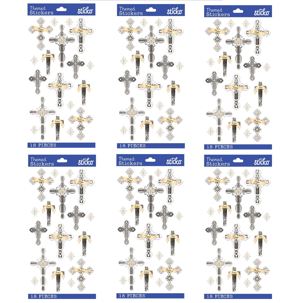 Multipack of 6 - Sticko Themed Stickers - Inspiration Words And Crosses, 18pcs